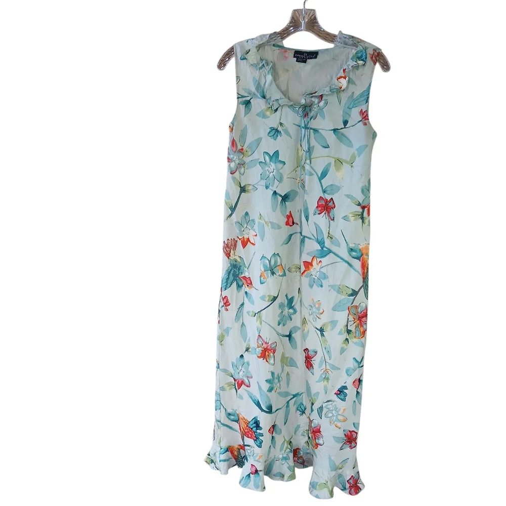 Carole Little Vintage Light Blue Floral Washable Silk Midi Nightgown Medium